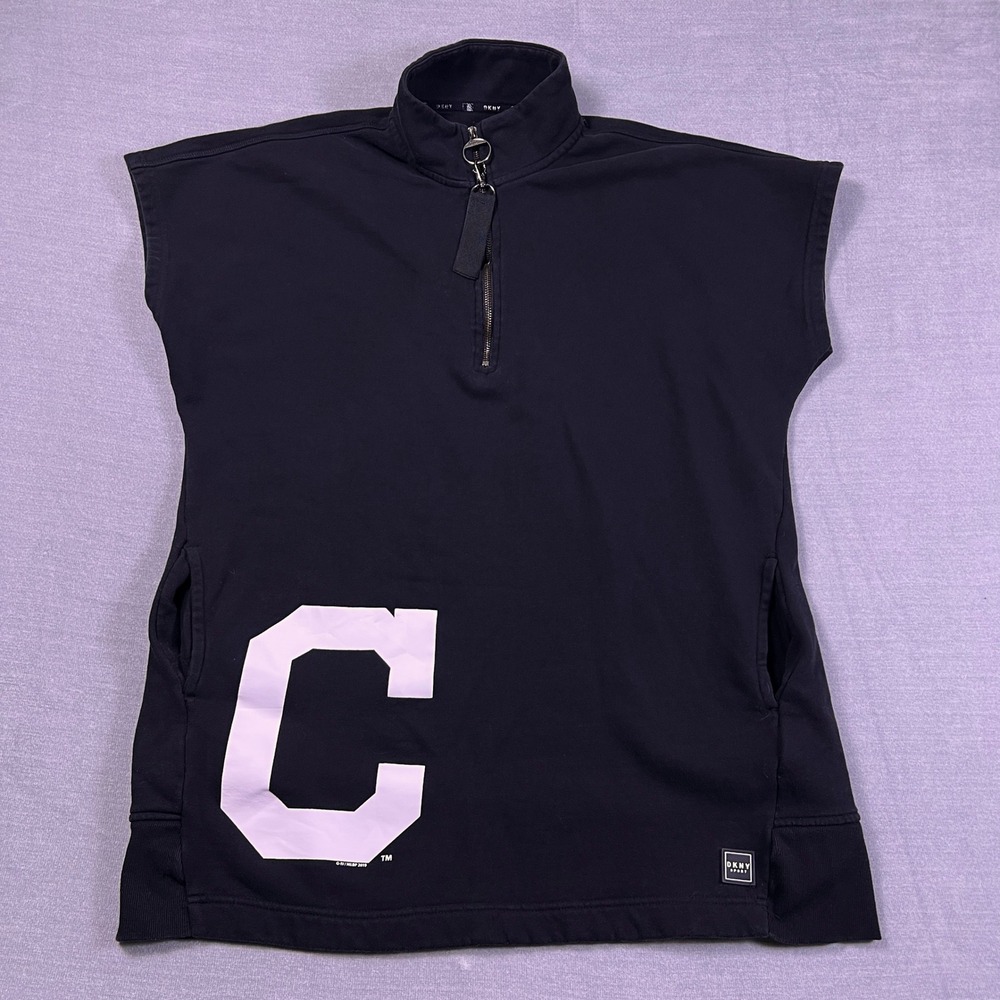 DKNY‎ Sport MLB Cleveland Indians Quarter Zip Vest Women XL Black Cotton Blend